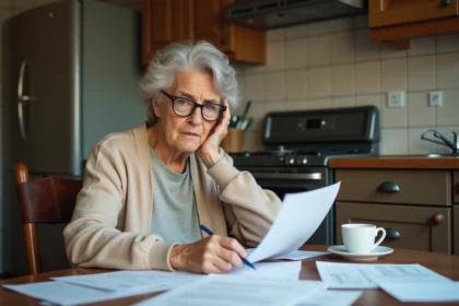 Retraitée inquiète qui examine ses documents de pension et le taux CSG à sa table de cuisine