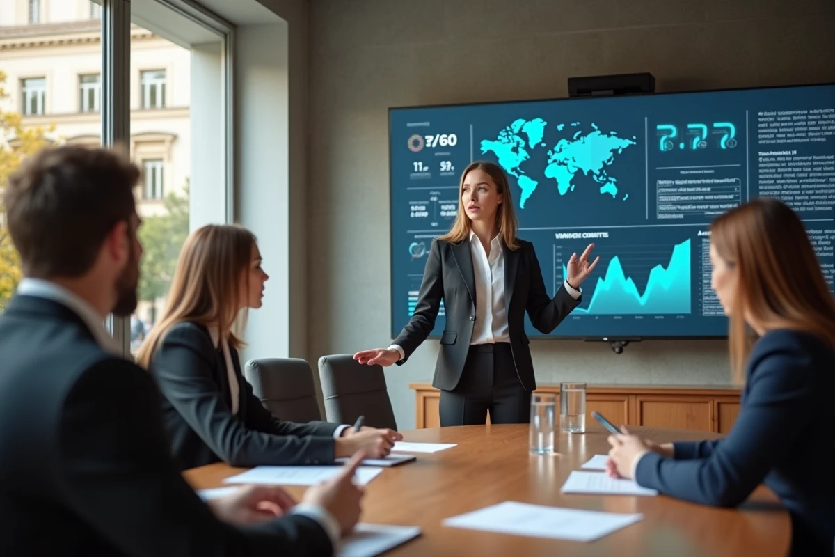 Jeune femme dirigeant une réunion avec affichage de données financières