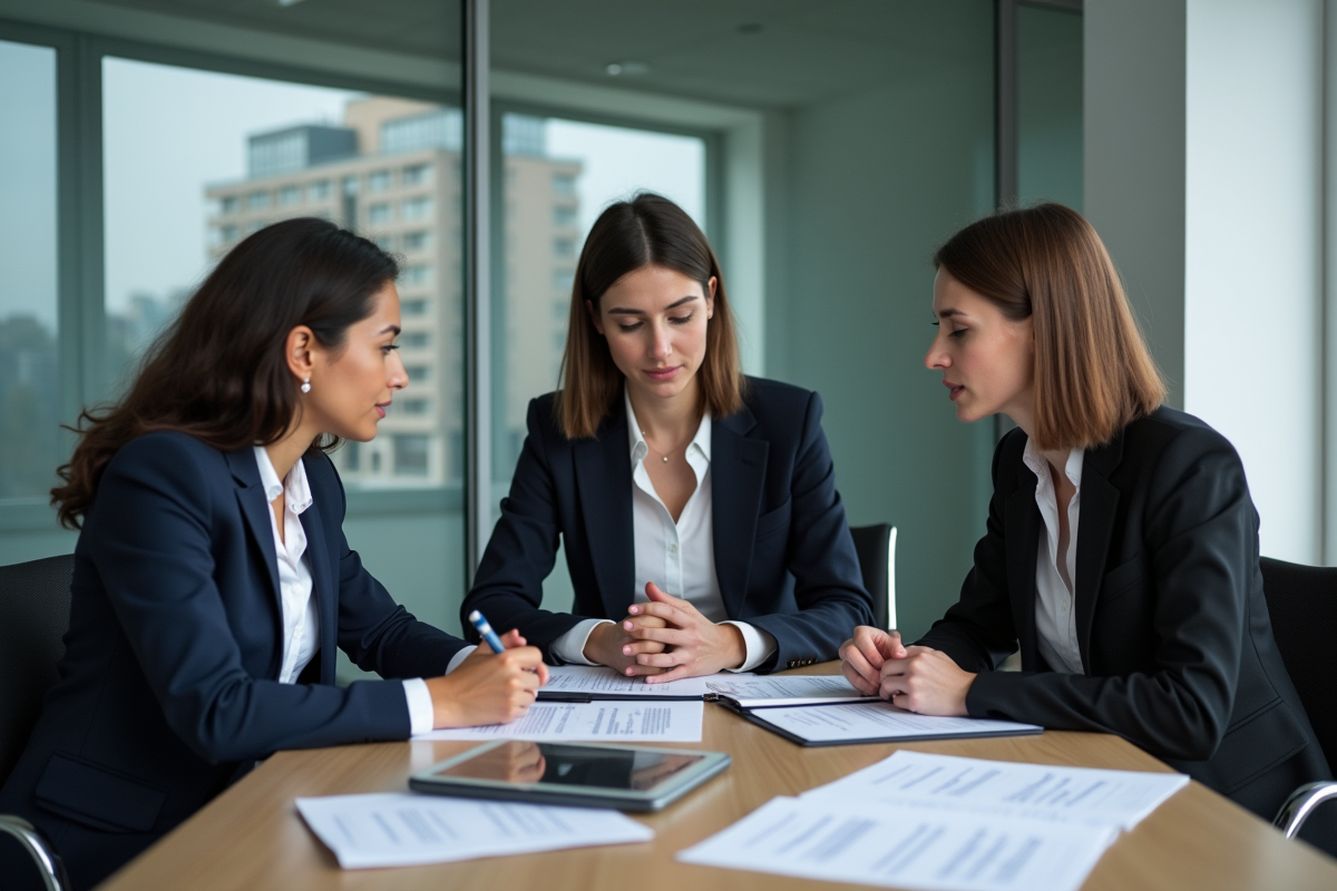 Professionnels en discussion autour de documents juridiques