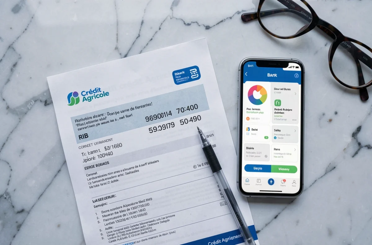 Vue aérienne d'un RIB Crédit Agricole avec le code banque indiqué par un stylo sur une surface en marbre clair