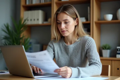 Femme vérifiant un virement bancaire en ligne sur son ordinateur portable depuis son bureau à domicile