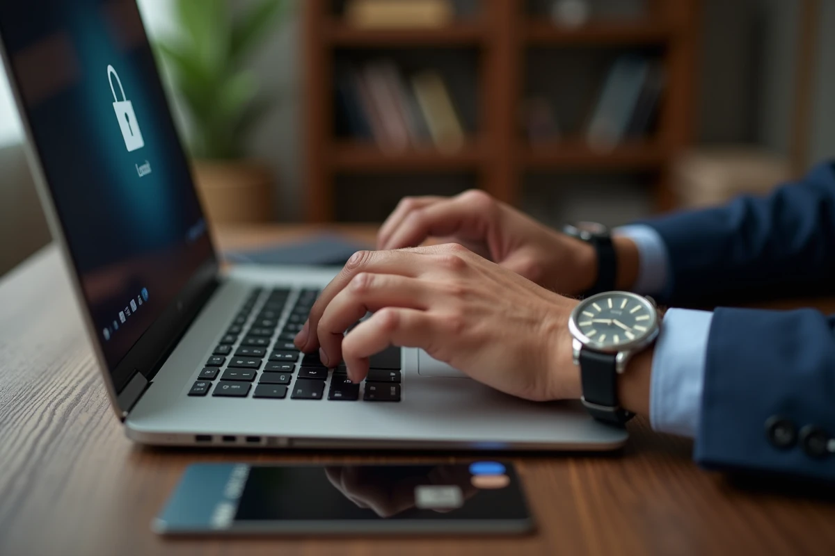 Gros plan sur des mains sécurisant une connexion bancaire privée avec un token physique et une carte bancaire sur un bureau en chêne