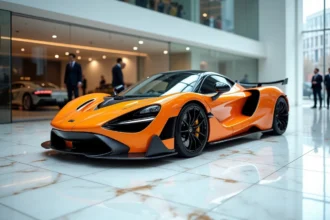 Supercar orange exposée dans un showroom haut de gamme avec sol en marbre blanc et parois vitrées, vue en angle 3/4 bas