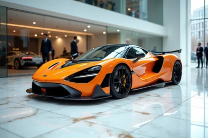 Supercar orange exposée dans un showroom haut de gamme avec sol en marbre blanc et parois vitrées, vue en angle 3/4 bas
