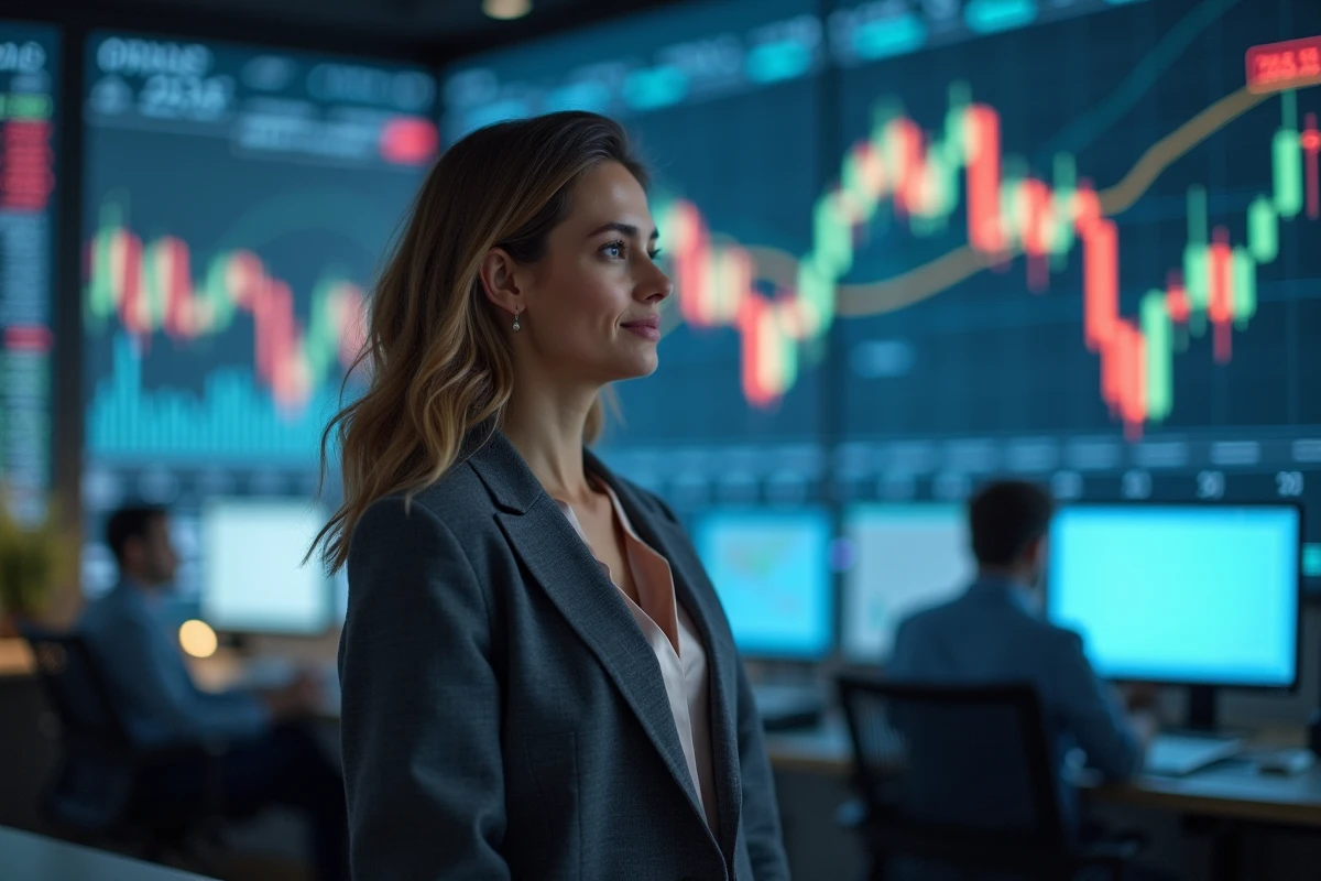 Stratège financière devant un tableau de bord boursier affichant des tendances haussières dans une salle de marché professionnelle