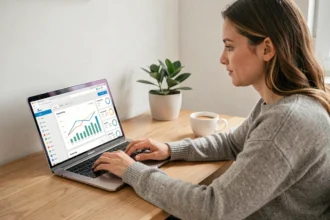 Femme consultant son budget mensuel sur l'espace personnel LCL depuis un ordinateur portable à son bureau