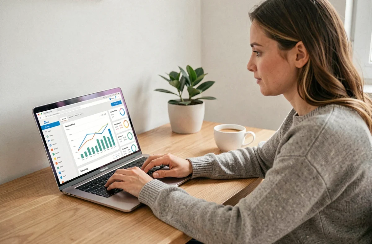 Femme consultant son budget mensuel sur l'espace personnel LCL depuis un ordinateur portable à son bureau