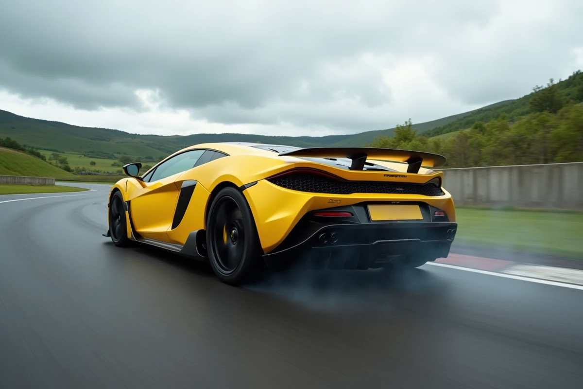 Supercar jaune en pleine accélération sur un circuit privé avec fumée des pneus et collines verdoyantes en arrière-plan