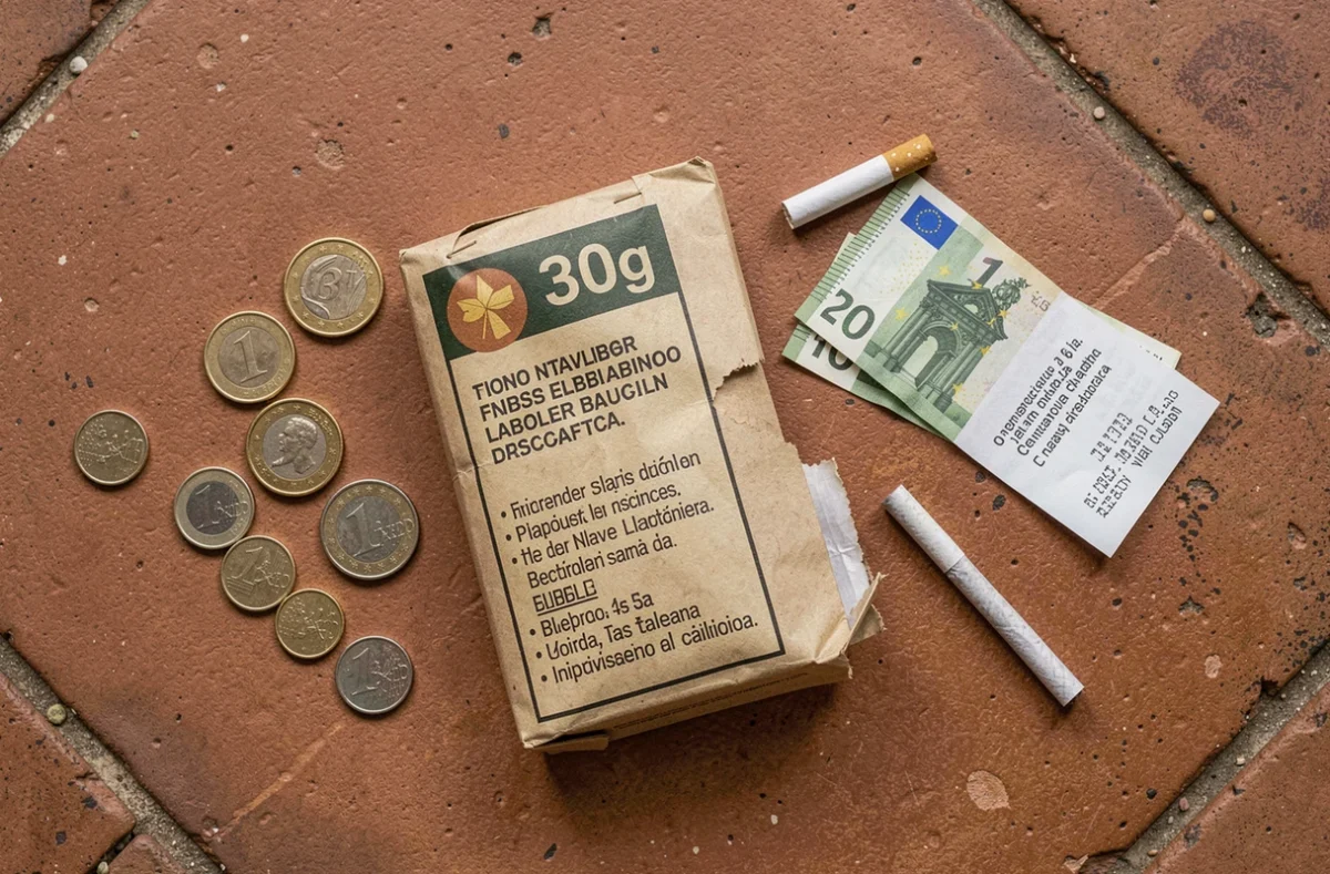 Vue de dessus d'un paquet de tabac à rouler 30g avec des pièces en euros et un reçu espagnol sur carrelage rustique