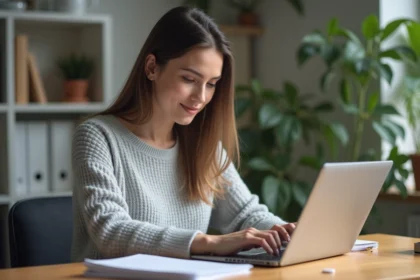 Femme téléchargeant une facture Free Mobile en PDF sur son ordinateur portable depuis son espace client