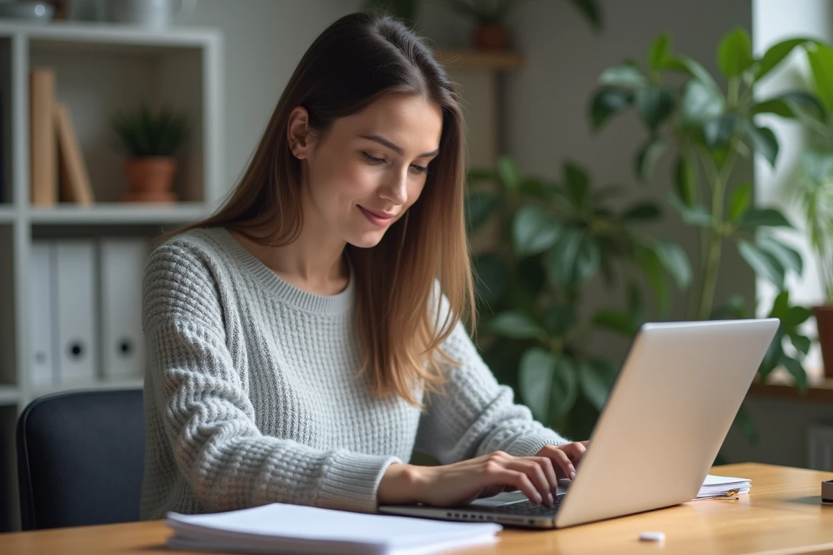 Femme téléchargeant une facture Free Mobile en PDF sur son ordinateur portable depuis son espace client