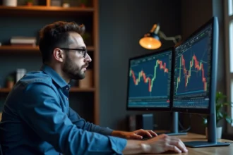 Trader masculin analysant des graphiques de double bottom sur plusieurs écrans dans un bureau professionnel moderne