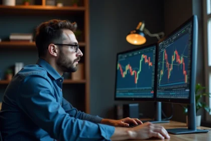 Trader masculin analysant des graphiques de double bottom sur plusieurs écrans dans un bureau professionnel moderne