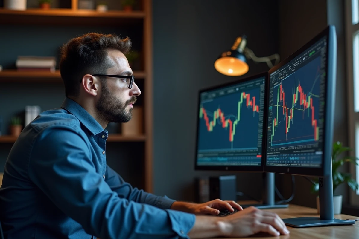 Trader masculin analysant des graphiques de double bottom sur plusieurs écrans dans un bureau professionnel moderne
