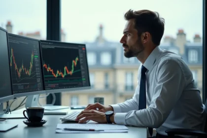 Trader concentré devant des écrans affichant les cours de la Bourse de Paris en temps réel dans un bureau avec vue sur les toits parisiens