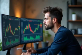 Trader masculin concentré sur plusieurs écrans affichant des graphiques de scalping et de day trading dans un bureau moderne