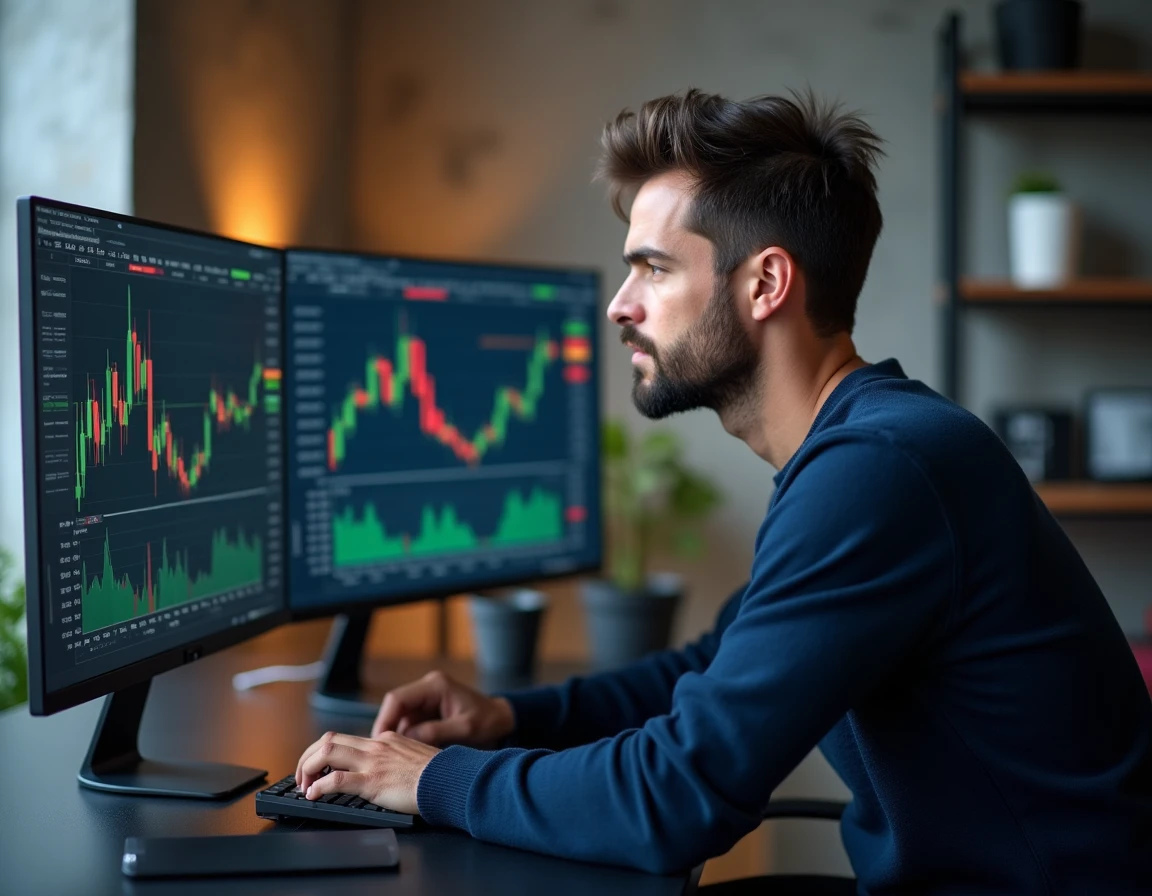 Trader masculin concentré sur plusieurs écrans affichant des graphiques de scalping et de day trading dans un bureau moderne