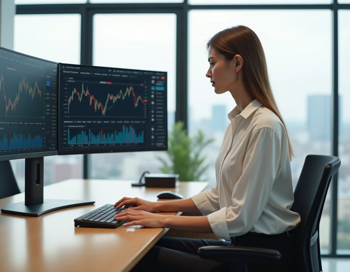Tradera en bureau partagé analysant un tableau de bord de prop firm avec métriques de trading journalier sur écran incurvé