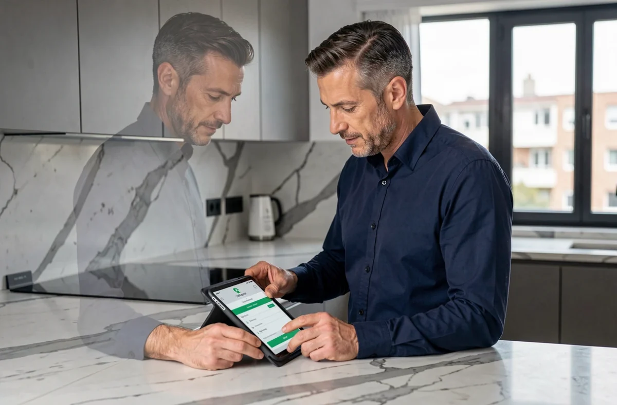Homme effectuant une transaction bancaire sécurisée sur une tablette dans une cuisine moderne avec l'application Crédit Agricole