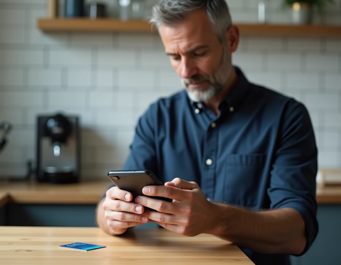 Homme utilisant une application bancaire sur smartphone pour passer de sa carte physique à une carte virtuelle CMB