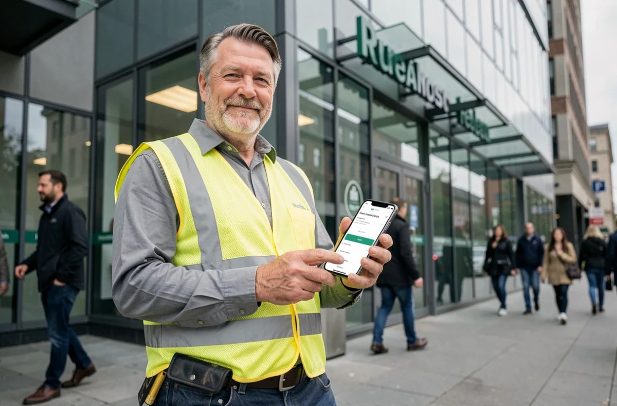 Travailleur intérimaire devant une banque consultant une application de prêt immédiat sur smartphone
