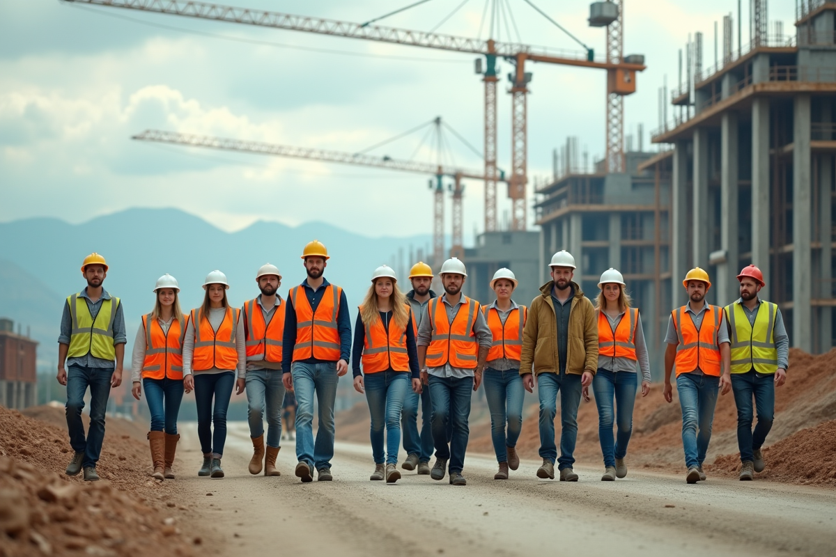 Groupe de travailleurs sur un grand chantier de construction