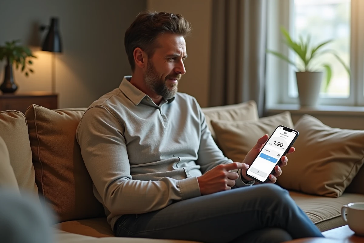 Homme vérifiant une confirmation de virement bancaire sécurisé sur son application mobile depuis son salon