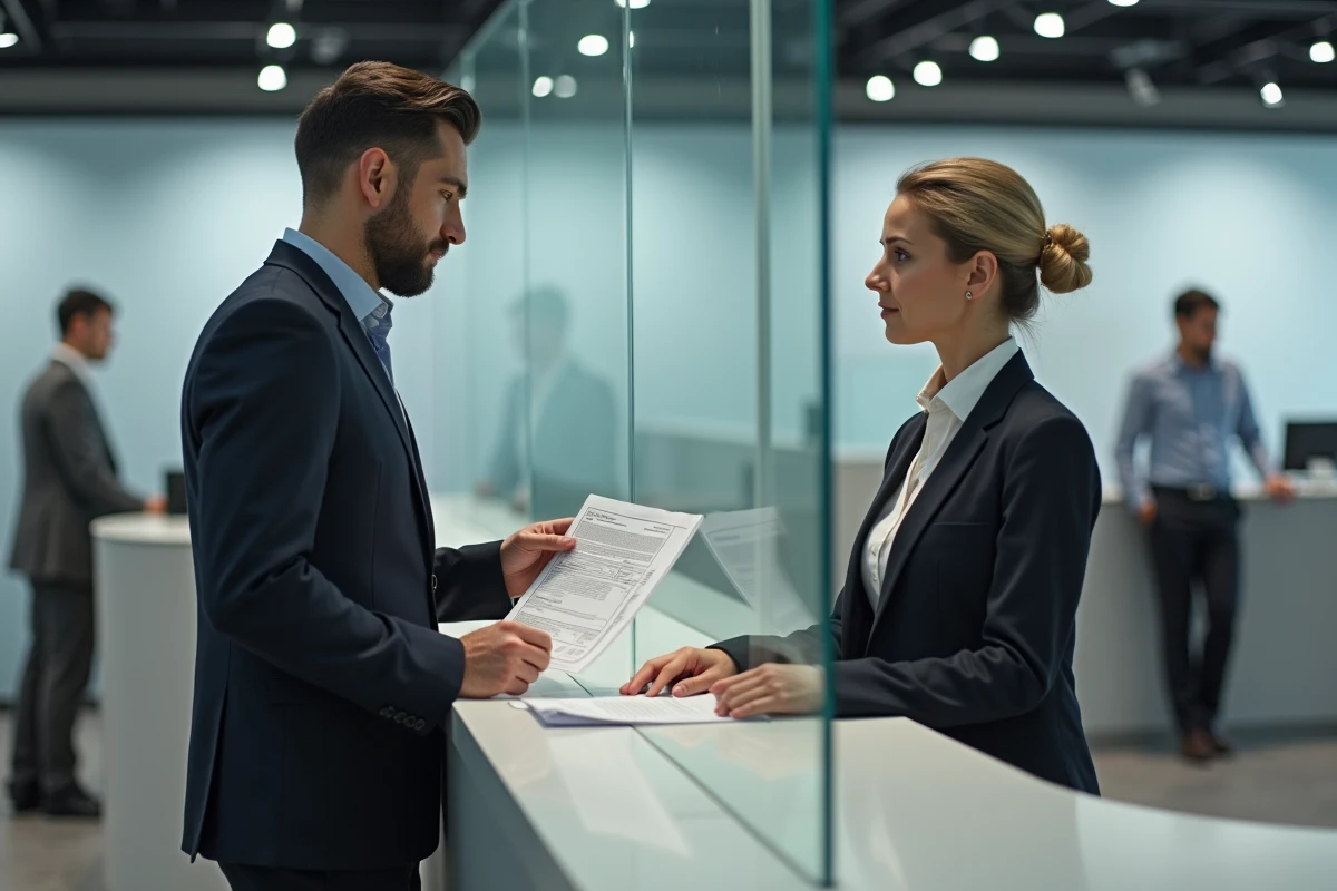Client et conseiller bancaire discutant d'un virement vers un nouveau bénéficiaire au guichet de La Banque Postale