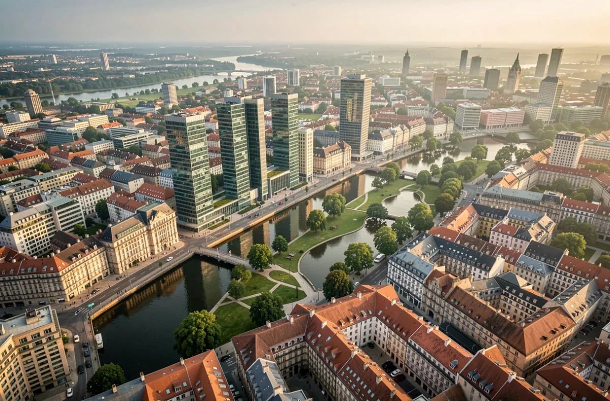 Vue aérienne d'une ville européenne mixant immeubles modernes et architecture historique pour illustrer la diversification immobilière SCPI